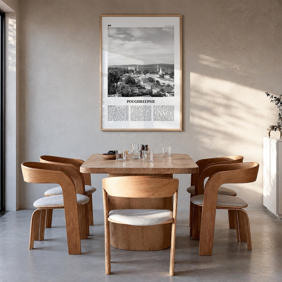 Poughkeepsie black & white newspaper poster of New York, USA – vertical wall art in natural wood frame, hanging on wall