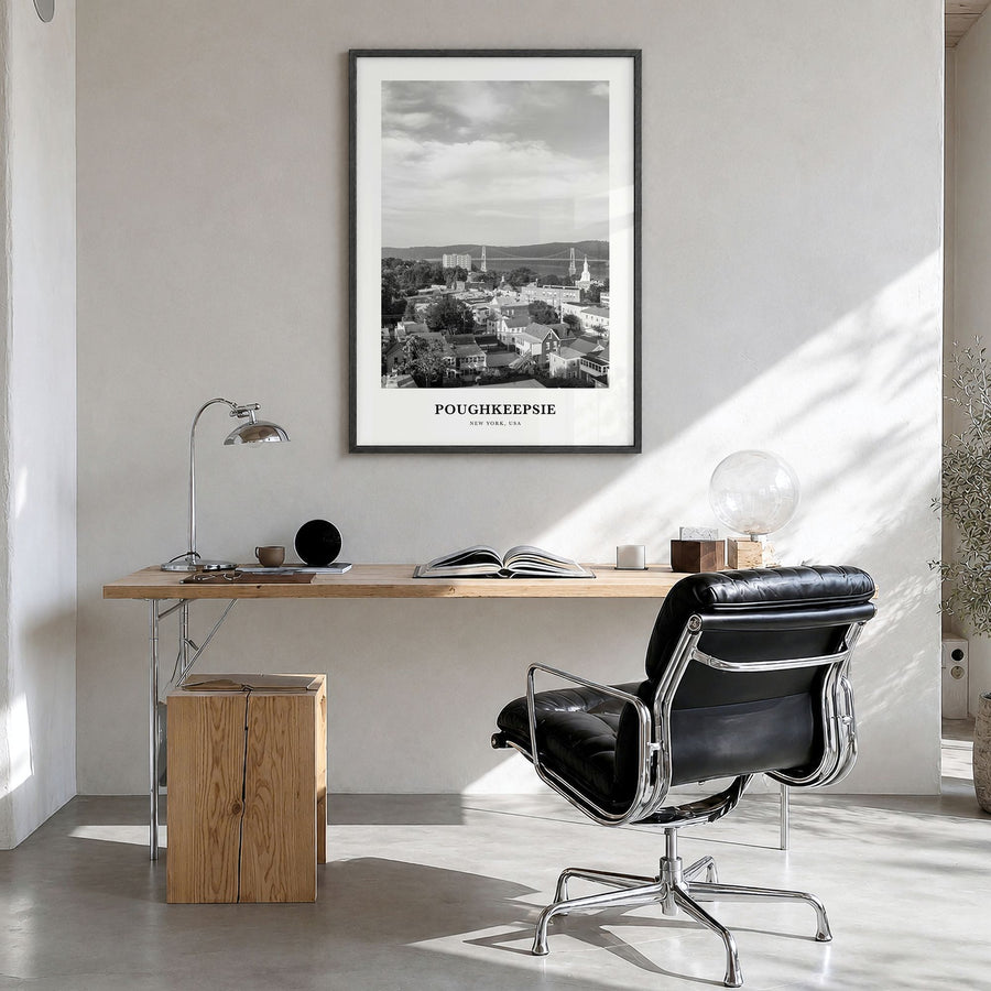 Poughkeepsie Classic Poster in a black wood frame, hanging in a bright home office