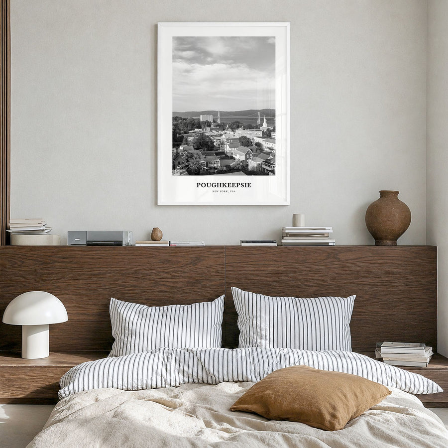 Poughkeepsie Classic Poster in a white wood frame, hanging in a bedroom