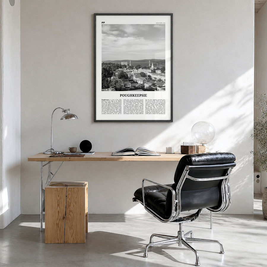 Poughkeepsie Newspaper Poster in a black wood frame, hanging in a bright home office