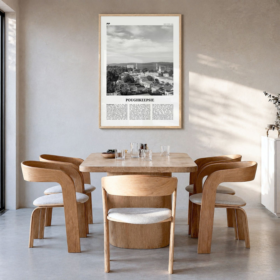Poughkeepsie Newspaper Poster in a natural wood frame, hanging in a dining room