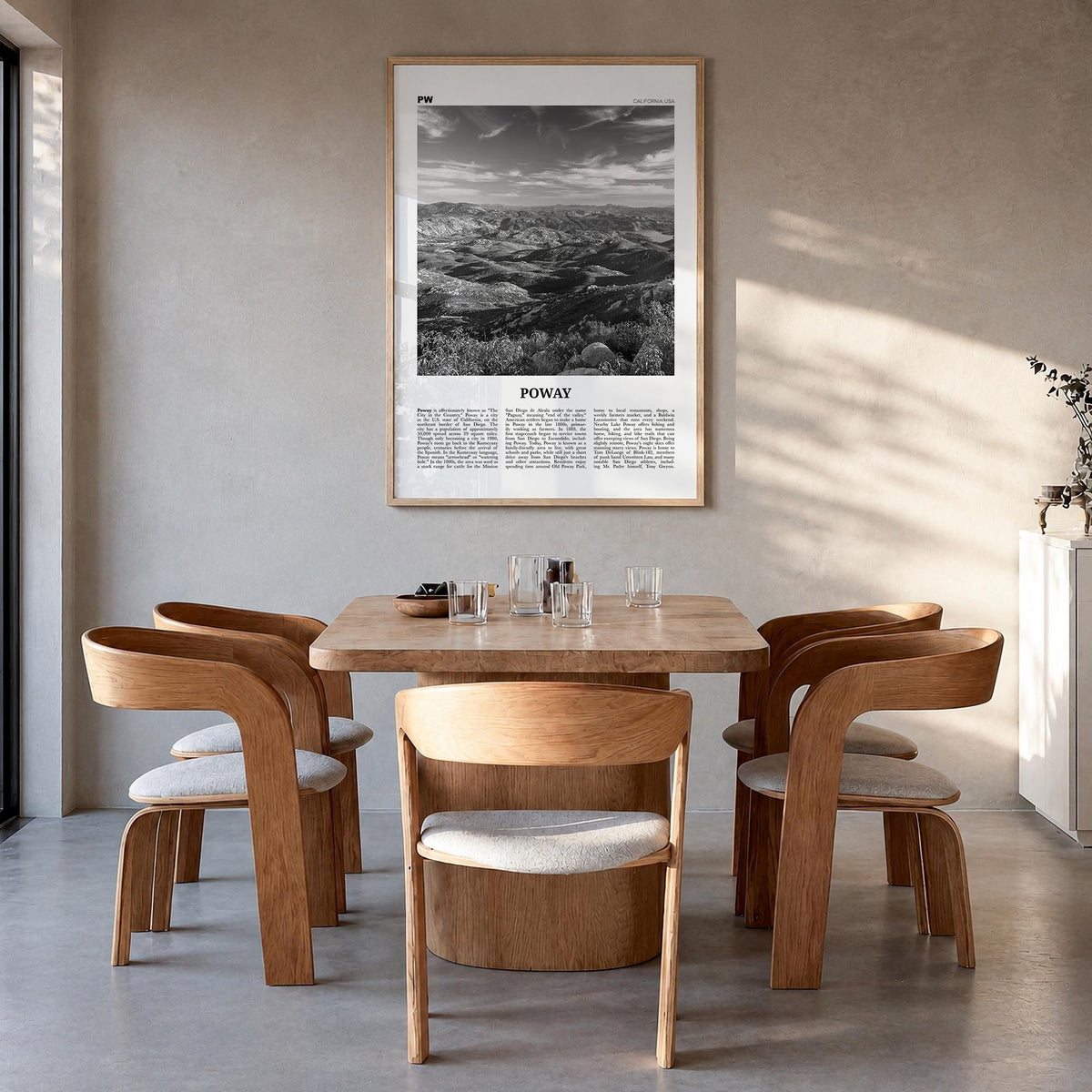 Poway no. 2 black & white newspaper poster of California, USA – vertical wall art in natural wood frame, hanging on wall