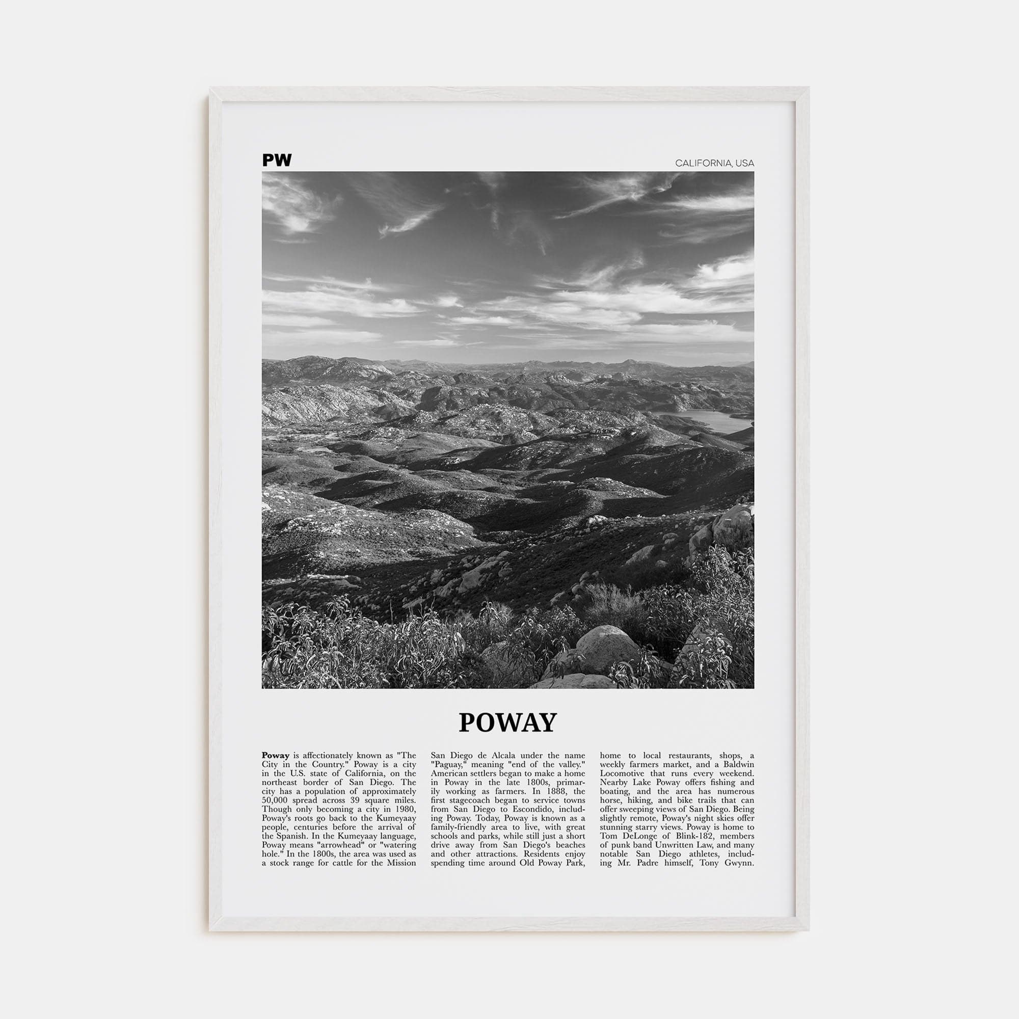 Poway No 2 Poster White Wood / 8x12 in Nbourhood Travel B&W Poster