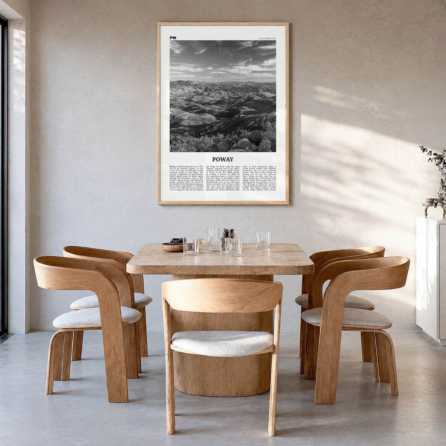 Poway Newspaper No 2 Poster in a natural wood frame, hanging in a dining room