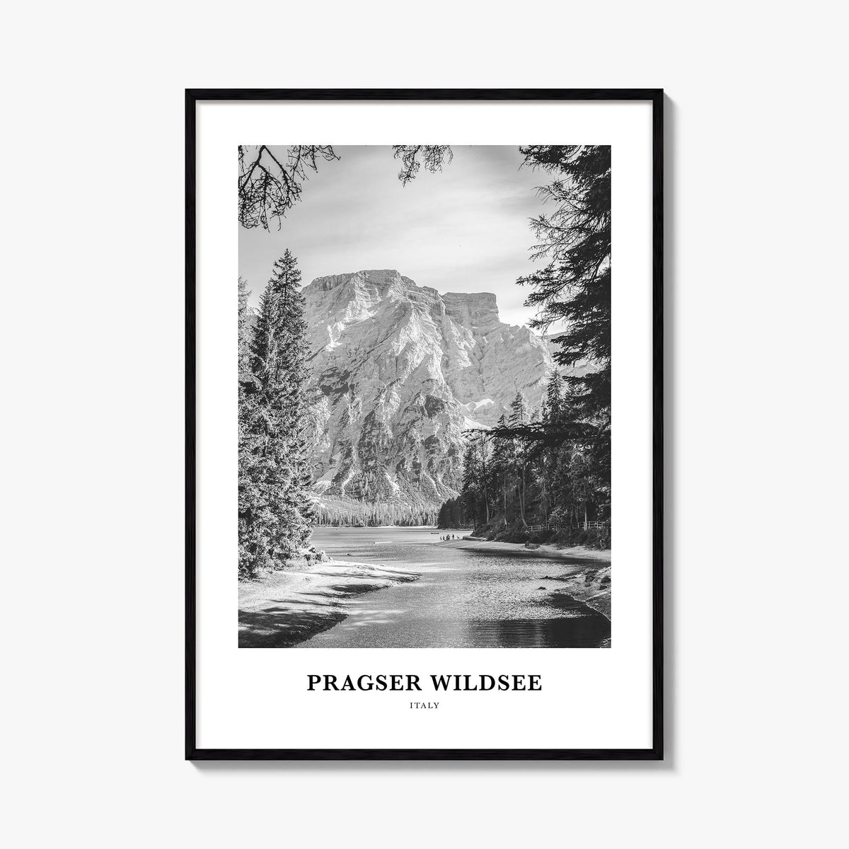 Pragser Wildsee black & white classic poster of Italy – vertical wall art, unframed print shown in interior mockup