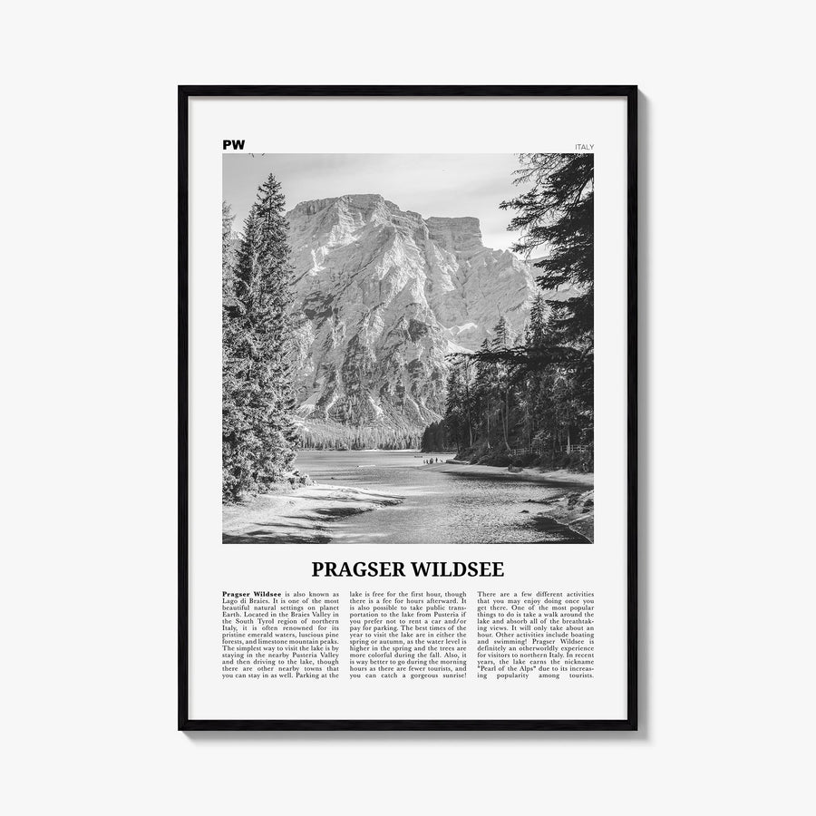 Pragser Wildsee black & white newspaper poster of Italy – vertical wall art, unframed print shown in interior mockup