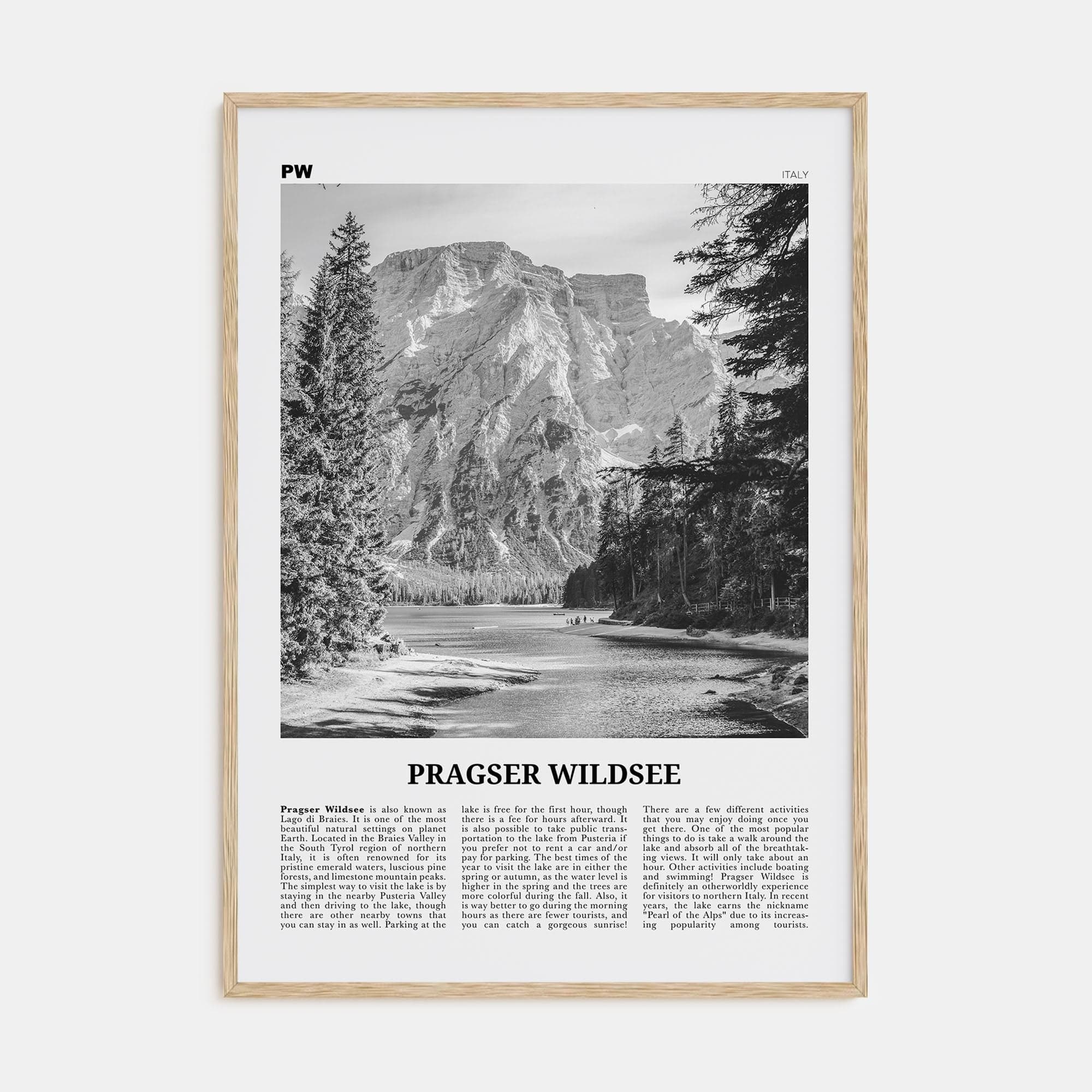 Pragser Wildsee Poster Natural Wood / 8x12 in Nbourhood Travel B&W Poster
