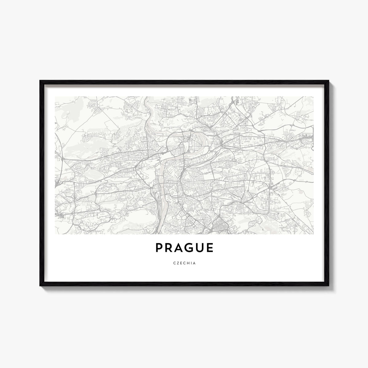 Prague black & white map poster of Czechia – horizontal wall art, unframed print shown in interior mockup