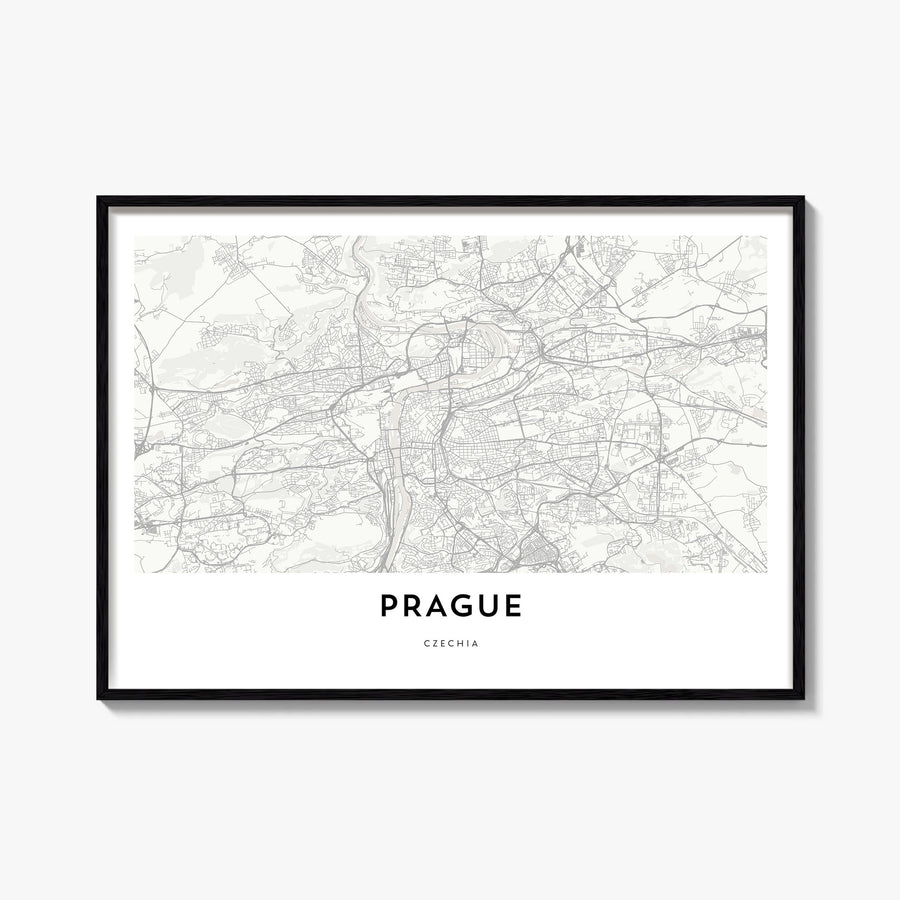 Prague black & white map poster of Czechia – horizontal wall art, unframed print shown in interior mockup