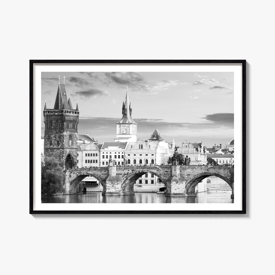 Prague black & white photo poster of Czechia – horizontal wall art, unframed print shown in interior mockup