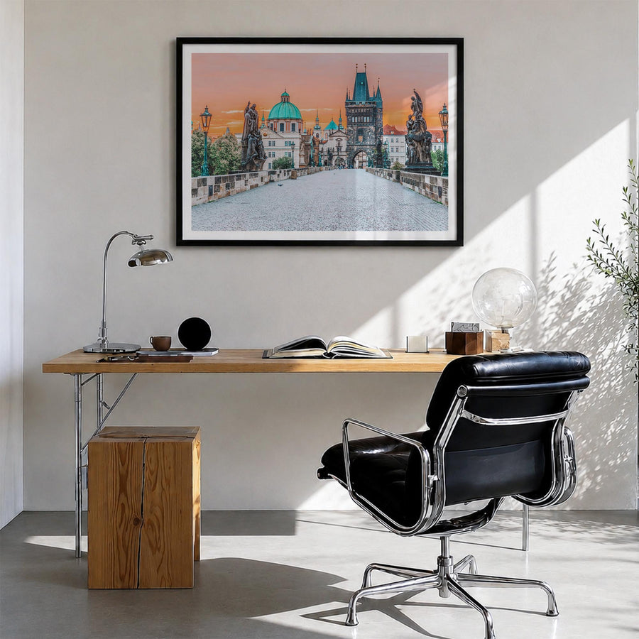 Prague colorful photo poster of Czechia – horizontal wall art in black wood frame with white border, hanging on wall