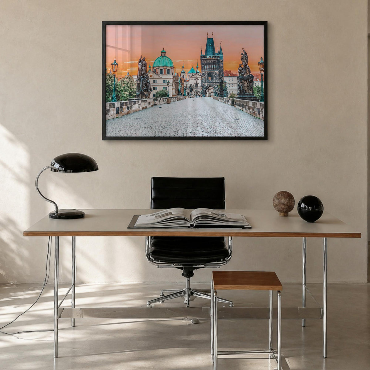 Prague colorful photo poster of Czechia – horizontal wall art in black wood frame, hanging on wall