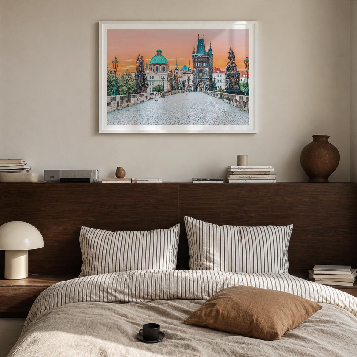Prague colorful photo poster of Czechia – horizontal wall art in white wood frame with white border, hanging on wall