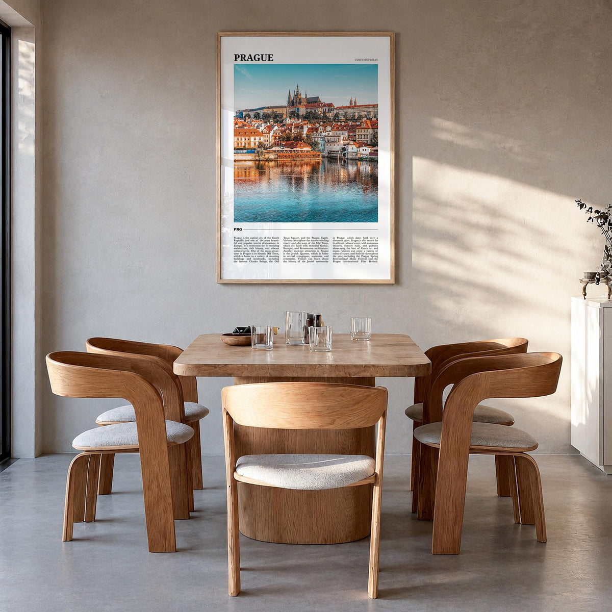 Prague colorful travel poster of Czechia – vertical wall art in natural wood frame, hanging on wall