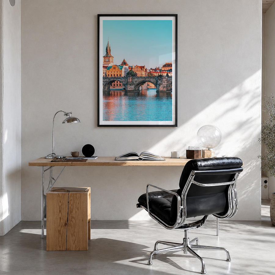 Prague no. 1 colorful photo poster of Czechia – vertical wall art in black wood frame with white border, hanging on wall