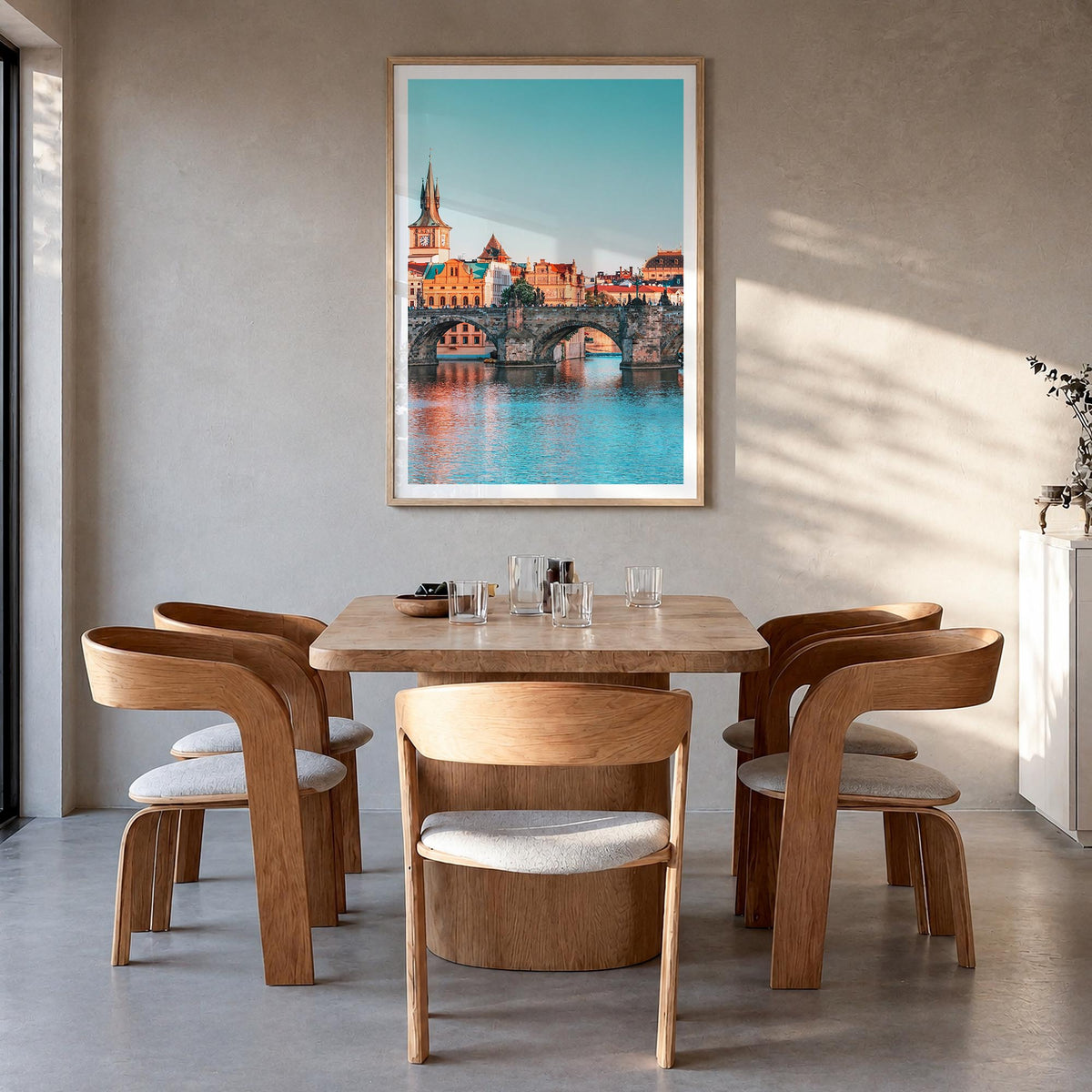 Prague no. 1 colorful photo poster of Czechia – vertical wall art in natural wood frame with white border, hanging on wall