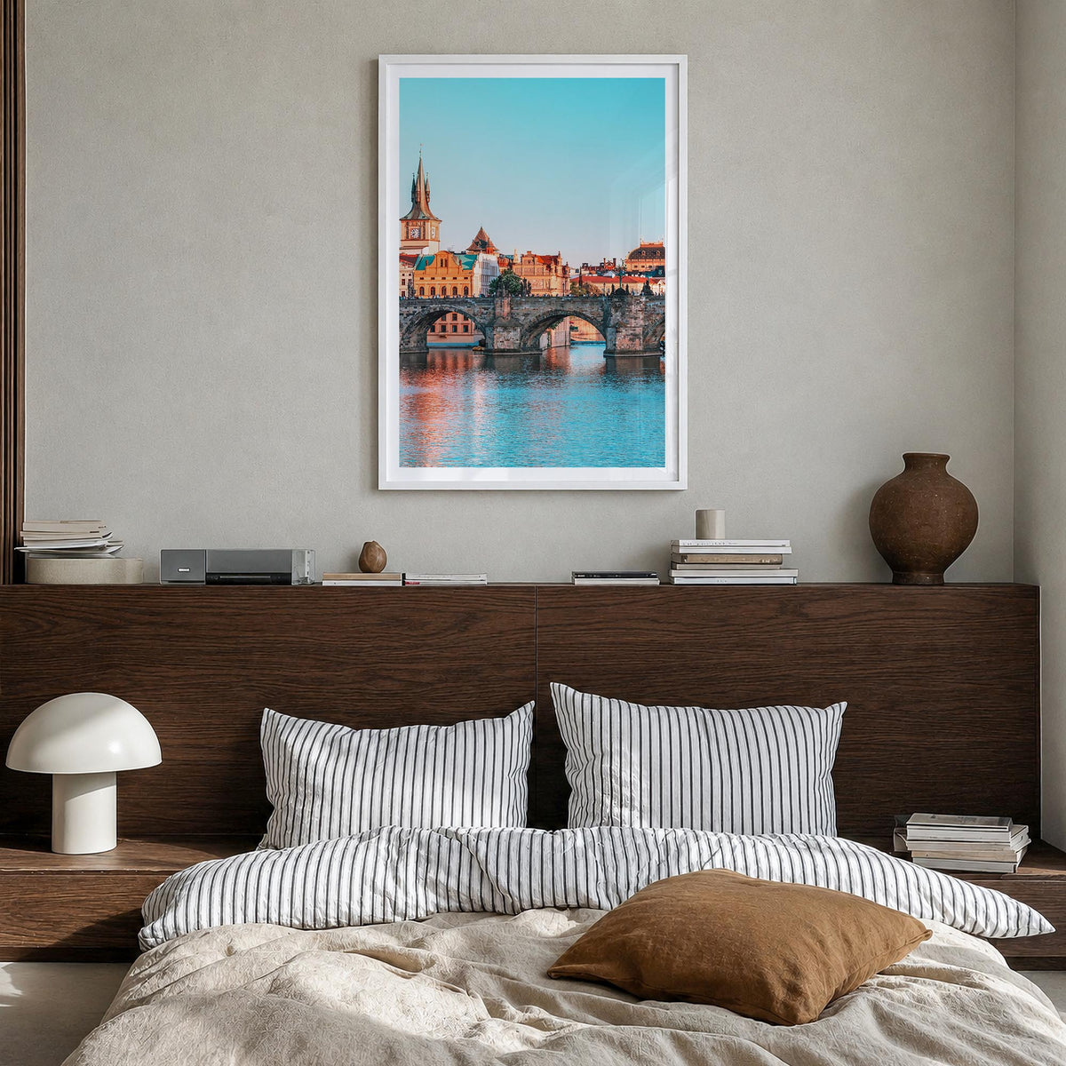 Prague no. 1 colorful photo poster of Czechia – vertical wall art in white wood frame with white border, hanging on wall
