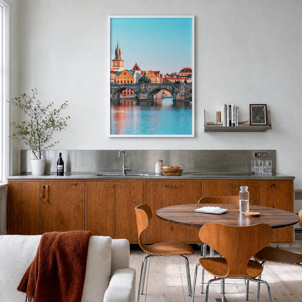 Prague no. 1 colorful photo poster of Czechia – vertical wall art in white wood frame, hanging on wall