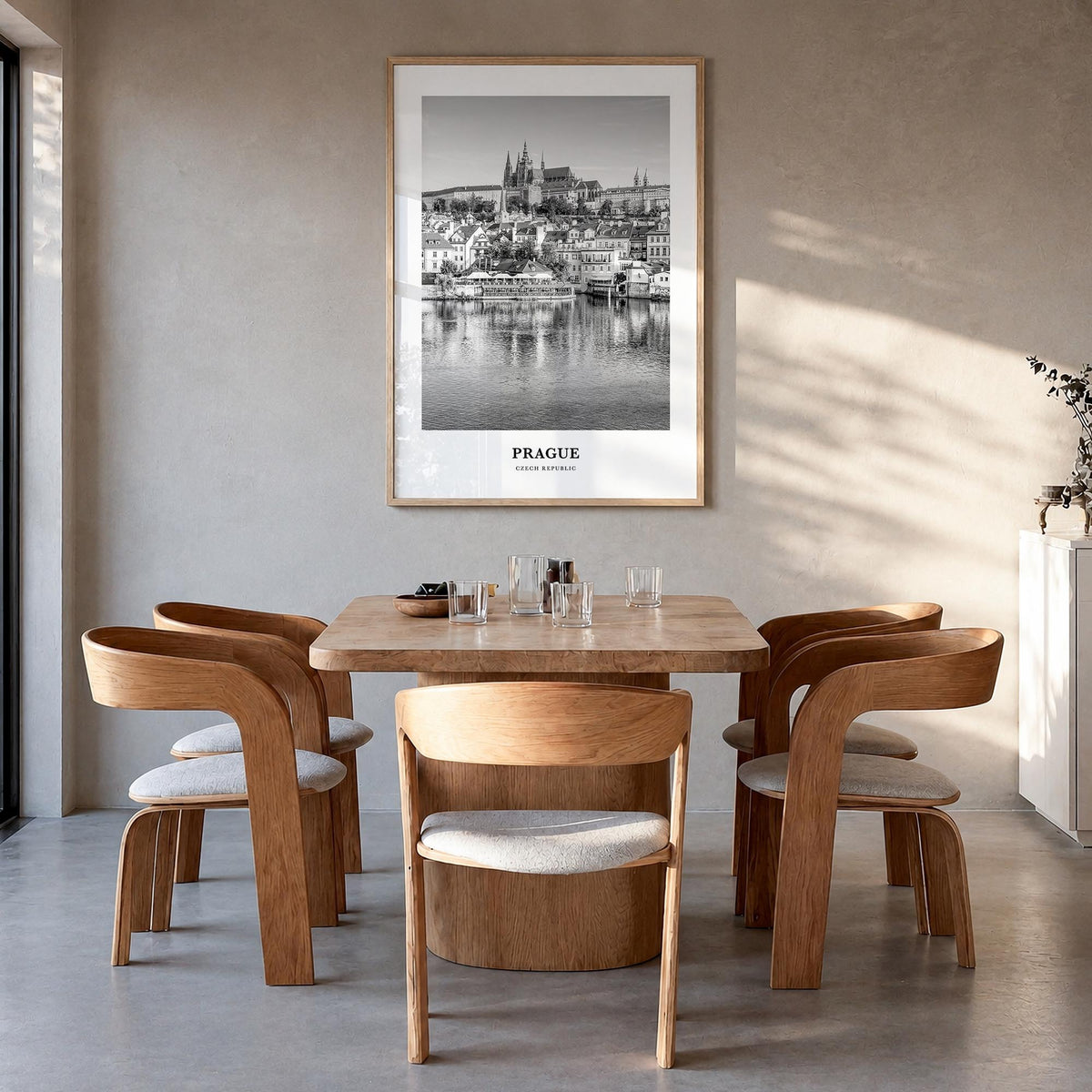 Prague no. 2 black & white classic poster of Czechia – vertical wall art in natural wood frame, hanging on wall