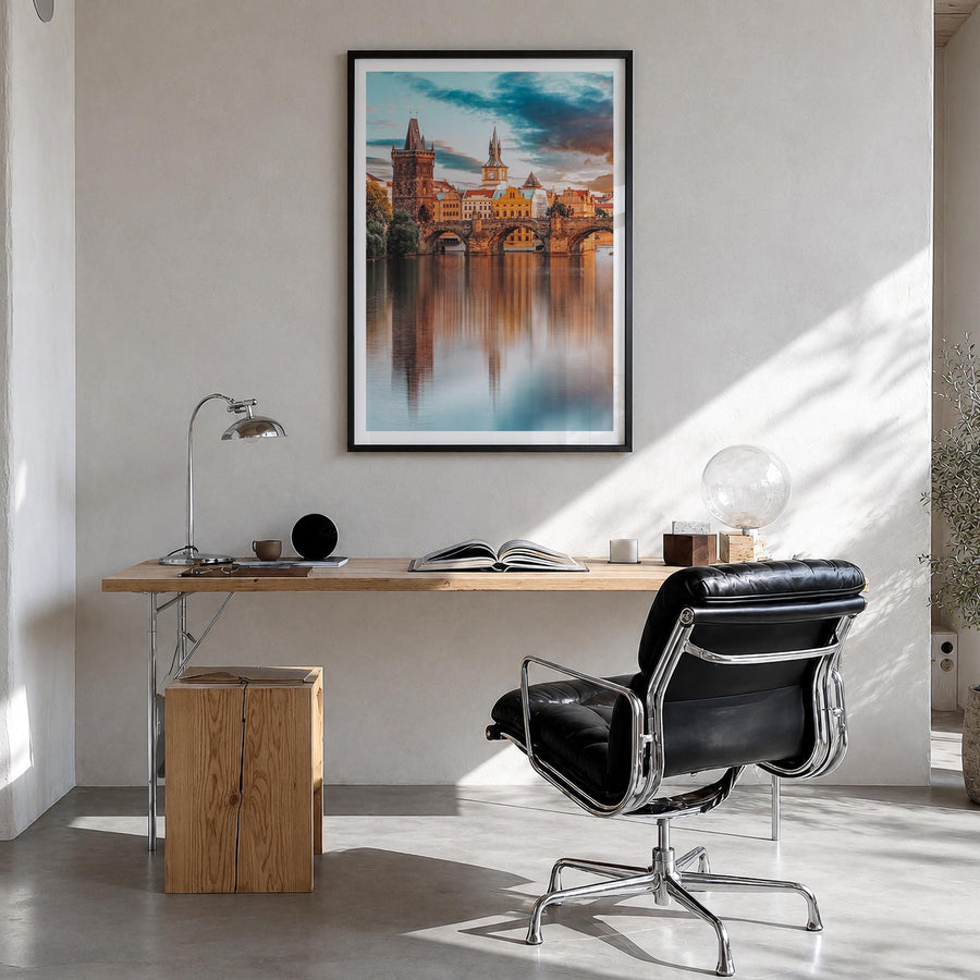 Prague no. 2 colorful photo poster of Czechia – vertical wall art in black wood frame with white border, hanging on wall