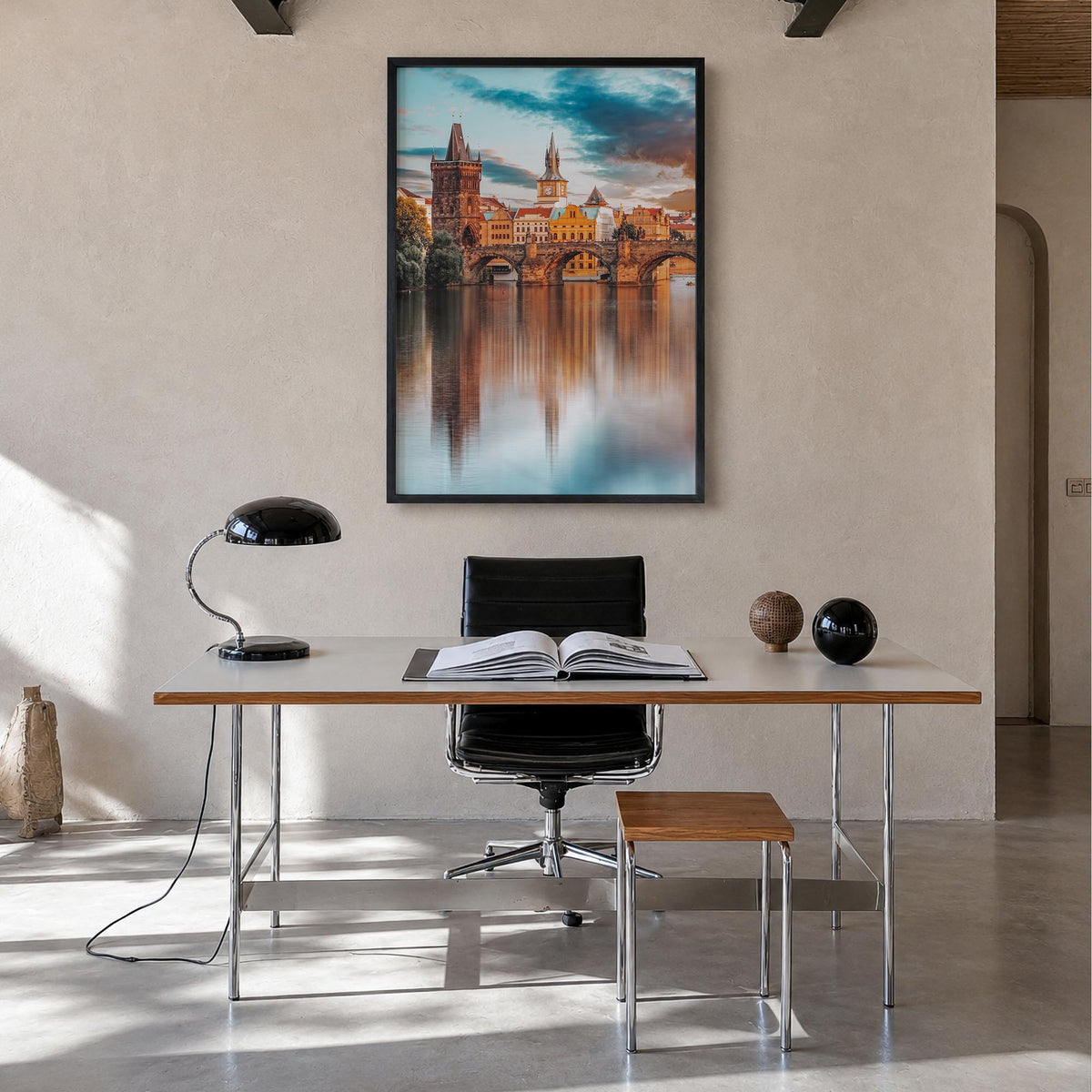 Prague no. 2 colorful photo poster of Czechia – vertical wall art in black wood frame, hanging on wall
