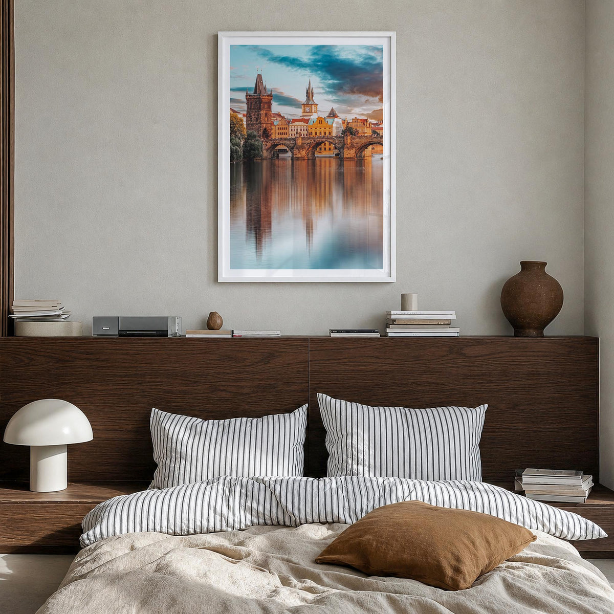 Prague no. 2 colorful photo poster of Czechia – vertical wall art in white wood frame with white border, hanging on wall