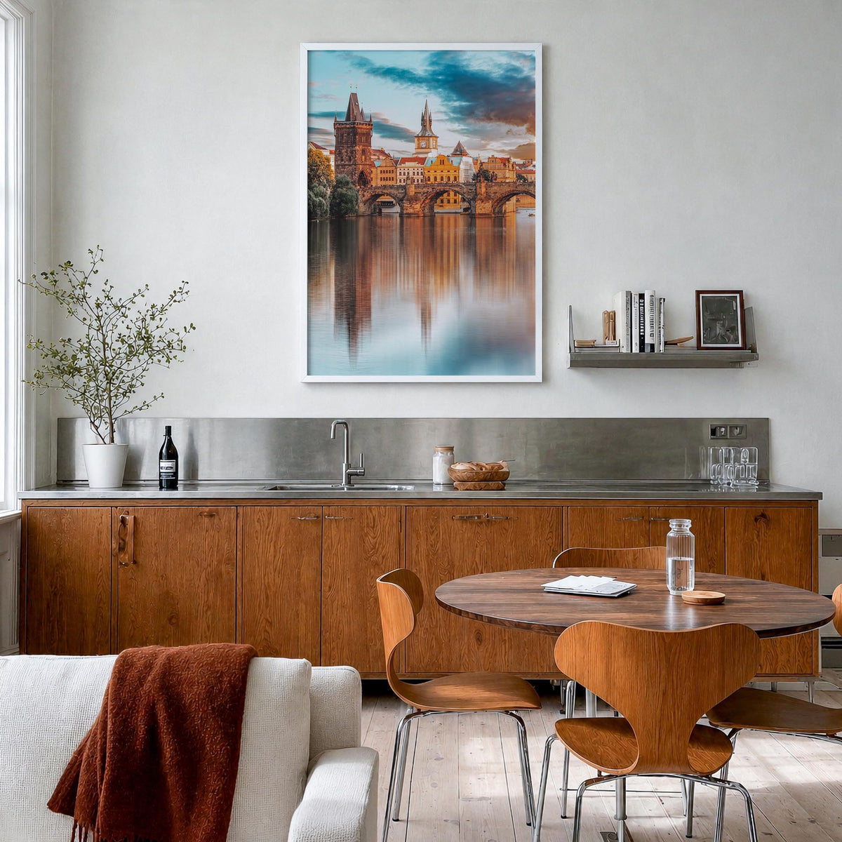 Prague no. 2 colorful photo poster of Czechia – vertical wall art in white wood frame, hanging on wall