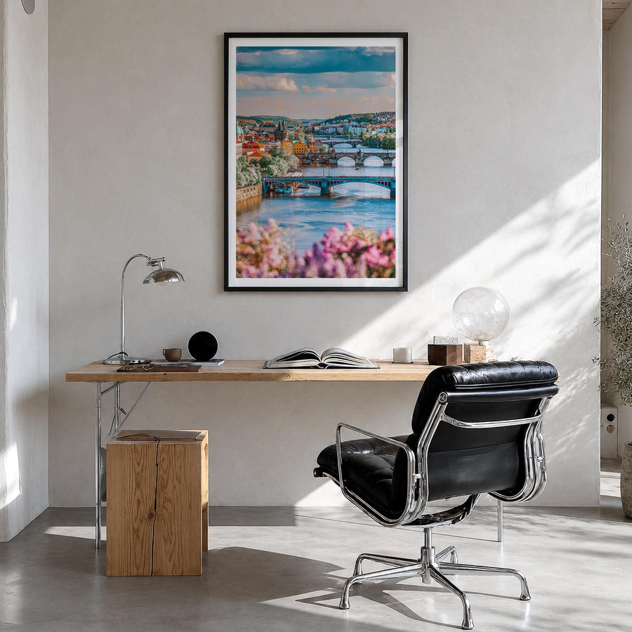 Prague no. 3 colorful photo poster of Czechia – vertical wall art in black wood frame with white border, hanging on wall