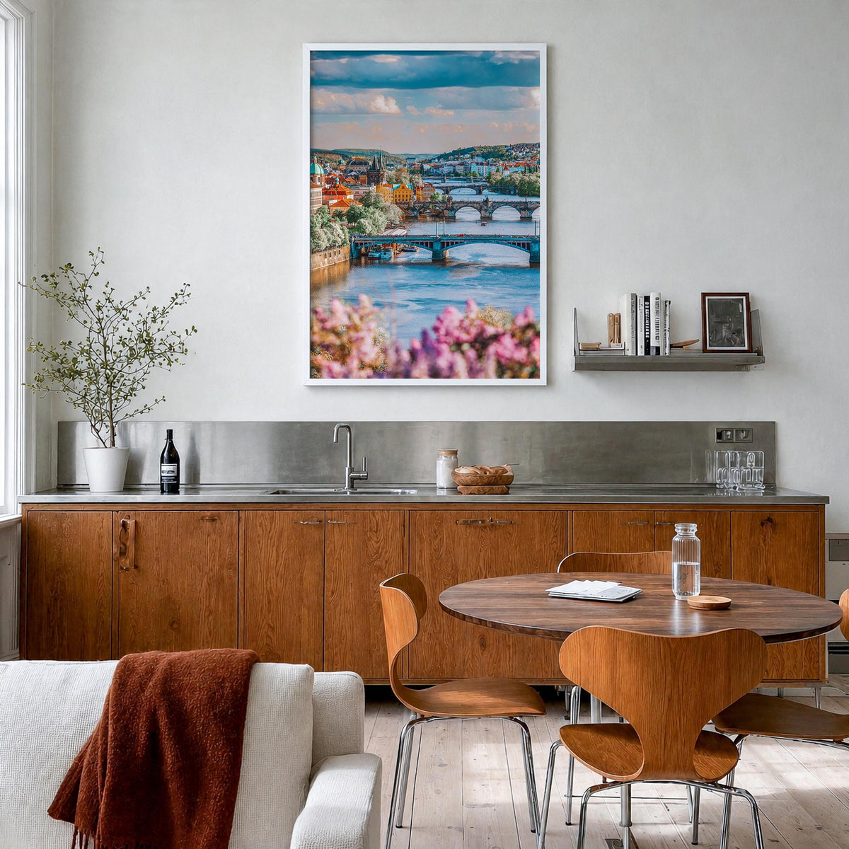 Prague no. 3 colorful photo poster of Czechia – vertical wall art in white wood frame, hanging on wall