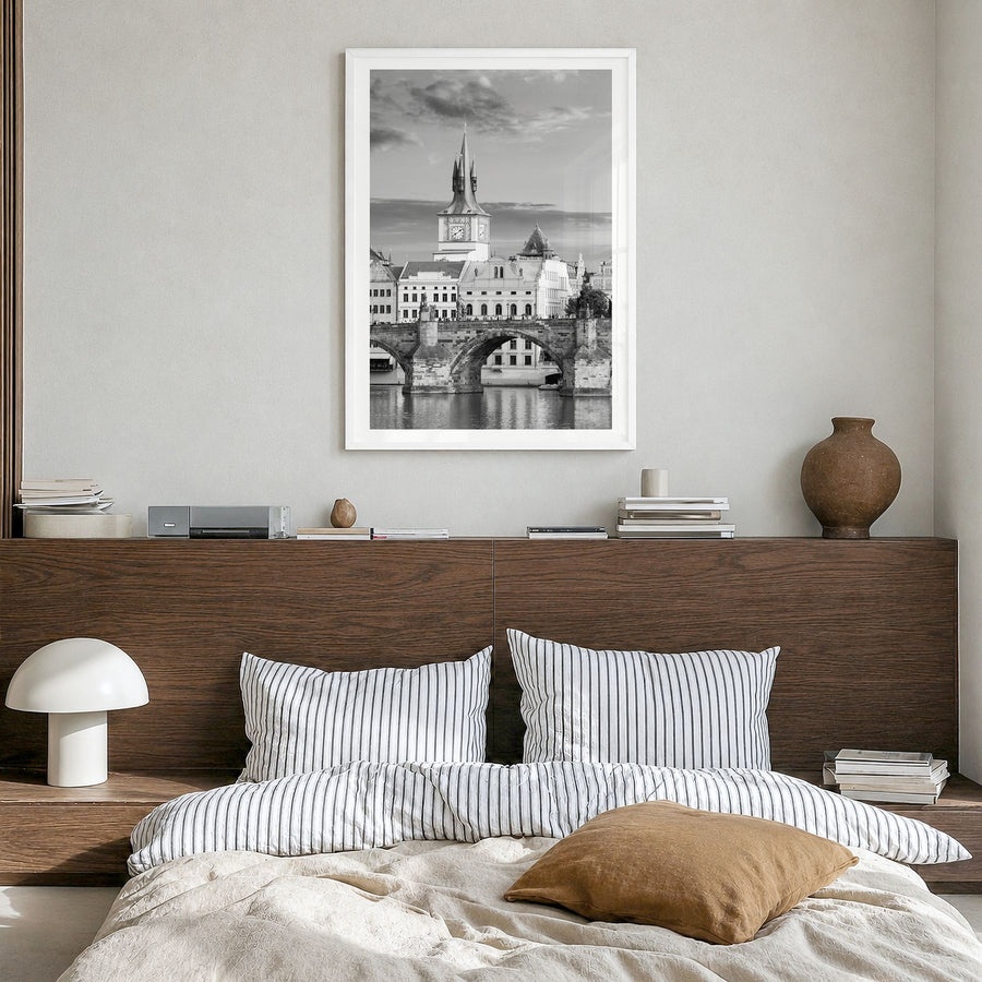 Prague Photo No 1 Poster in a white wood frame, hanging in a bedroom, white border