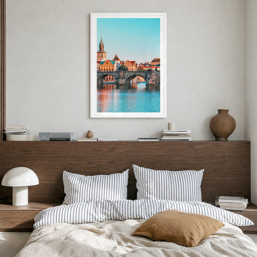 Prague Photo No 1 Poster in a white wood frame, hanging in a bedroom, white border