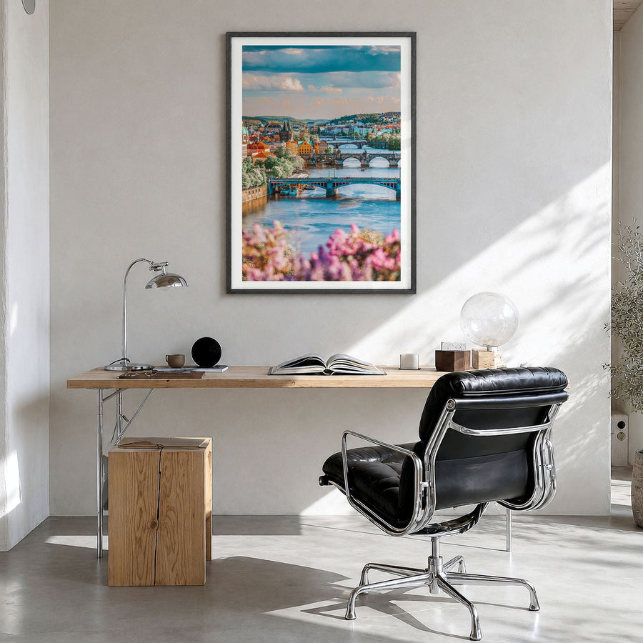 Prague Photo No 3 Poster in a black wood frame, hanging in a bright home office, white border