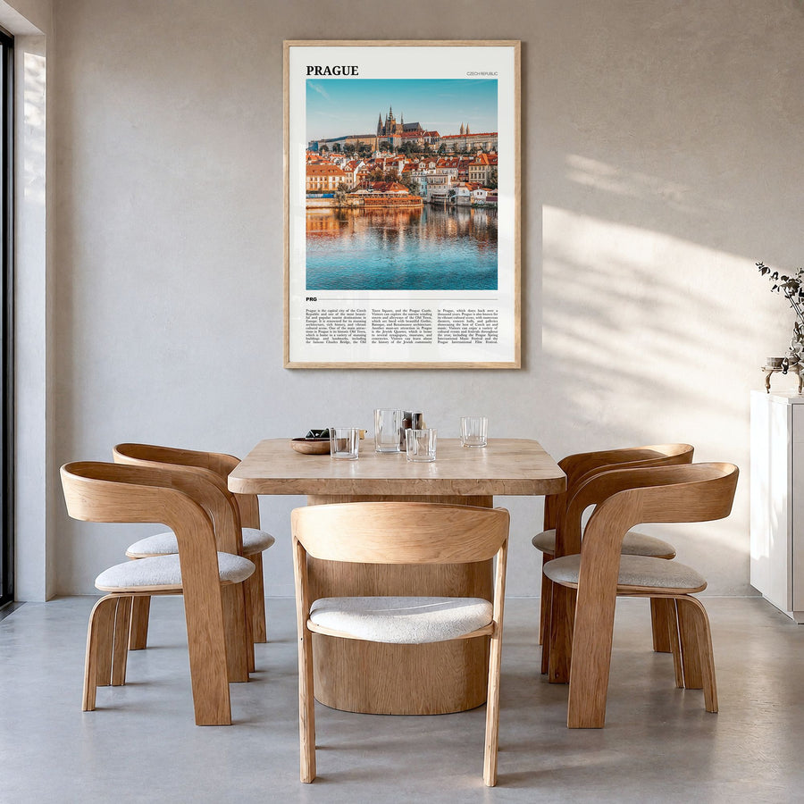 Prague Travel Poster in a natural wood frame, hanging in a dining room