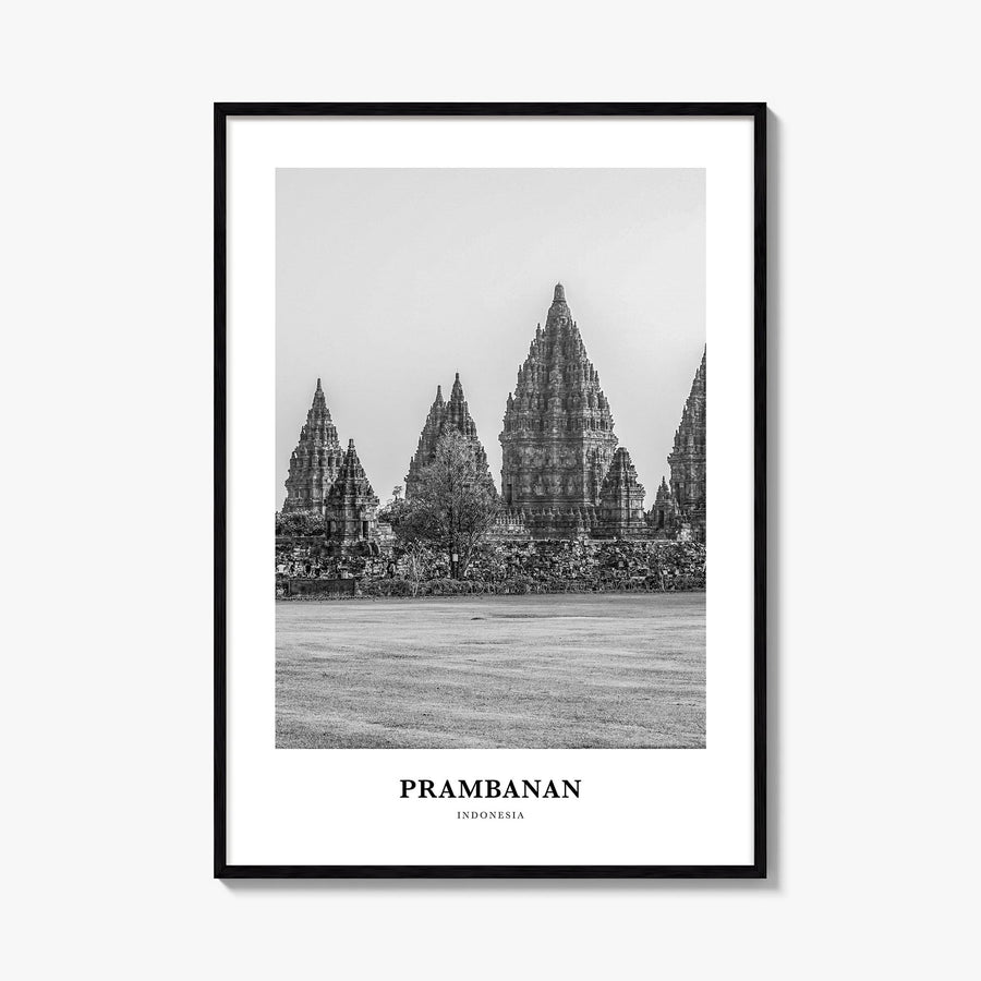 Prambanan black & white classic poster of Indonesia – vertical wall art, unframed print shown in interior mockup
