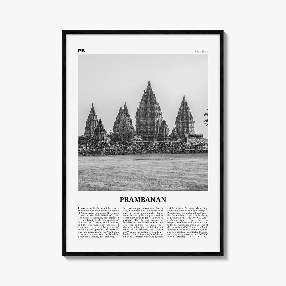 Prambanan black & white newspaper poster of Indonesia – vertical wall art, unframed print shown in interior mockup