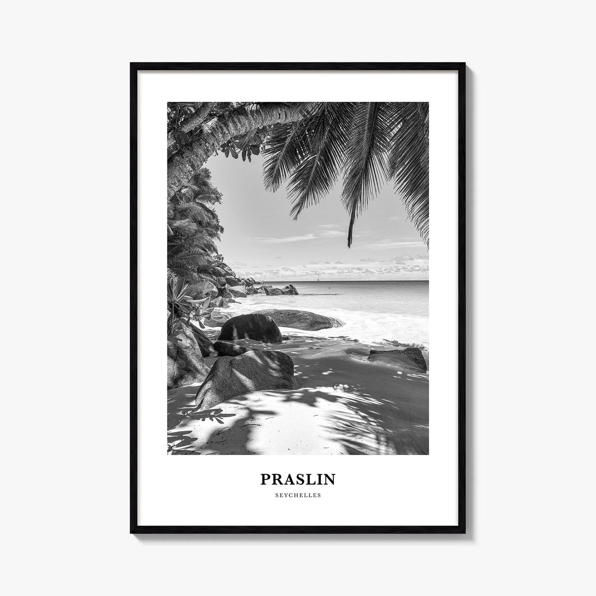 Praslin black & white classic poster of Seychelles – vertical wall art, unframed print shown in interior mockup