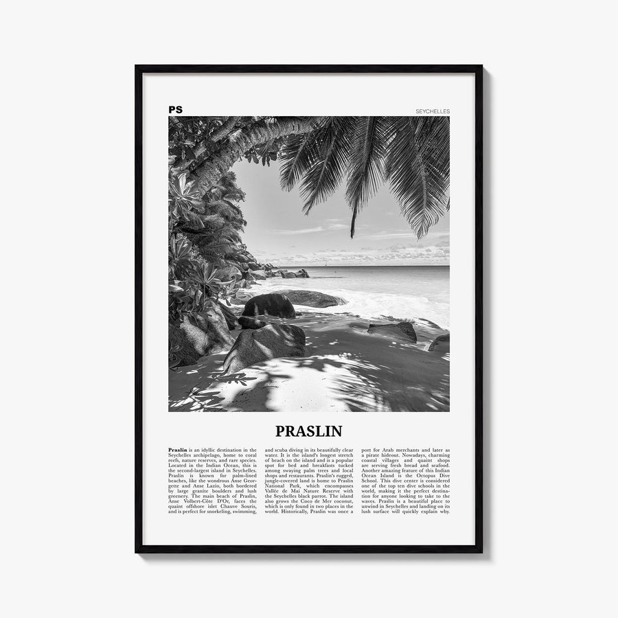 Praslin black & white newspaper poster of Seychelles – vertical wall art, unframed print shown in interior mockup