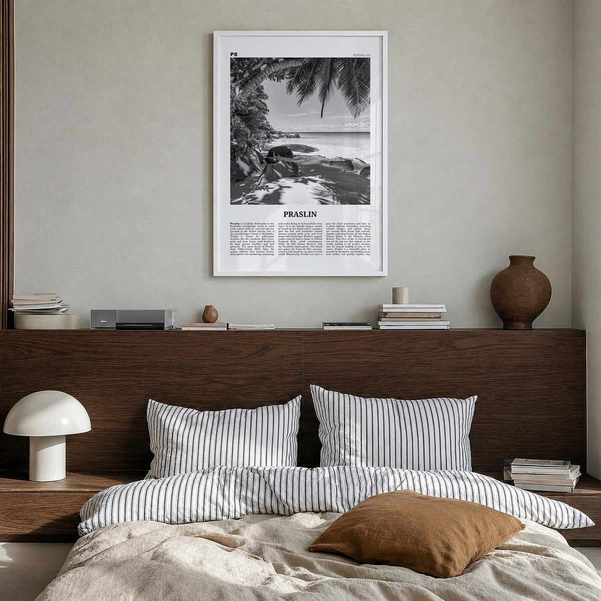 Praslin black & white newspaper poster of Seychelles – vertical wall art in white wood frame, hanging on wall