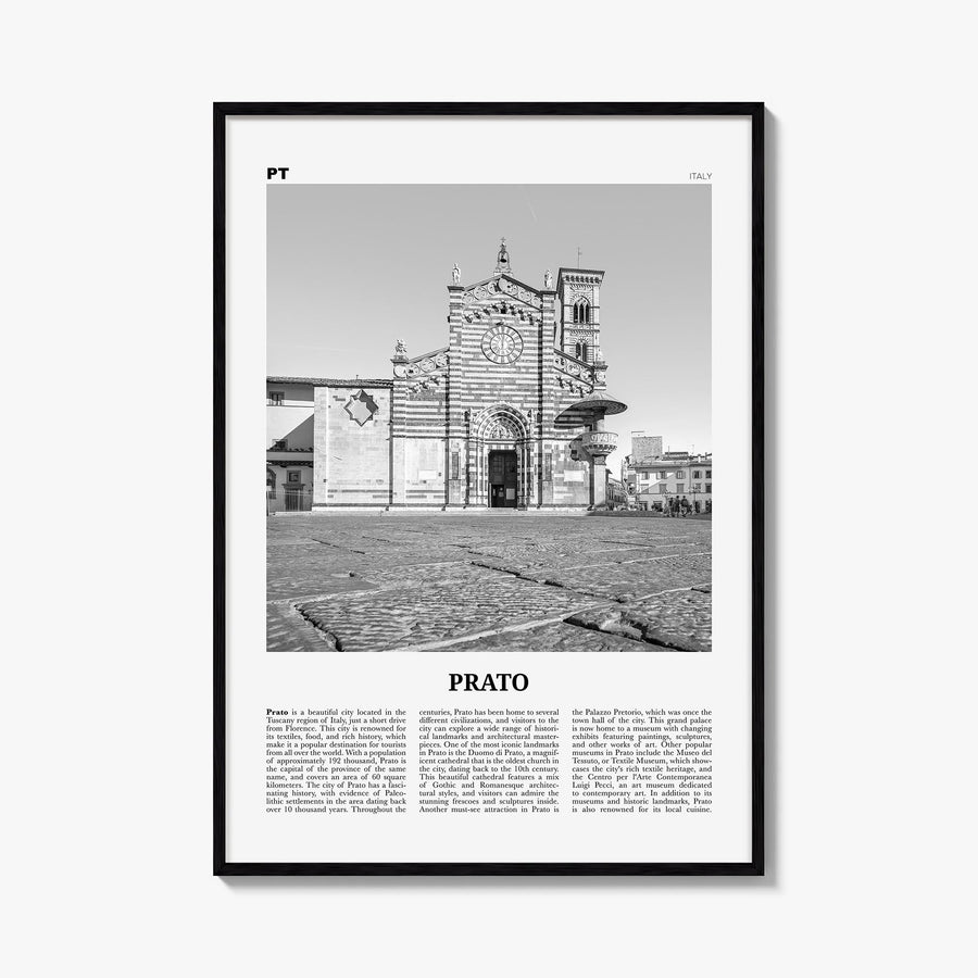 Prato black & white newspaper poster of Italy – vertical wall art, unframed print shown in interior mockup