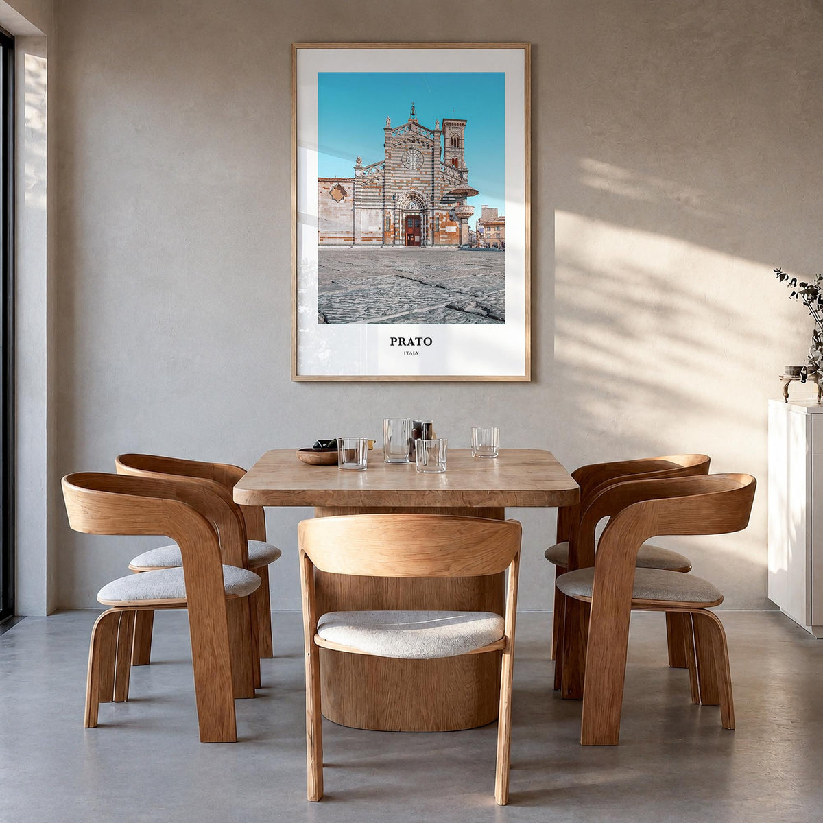 Prato colorful classic poster of Italy – vertical wall art in natural wood frame, hanging on wall