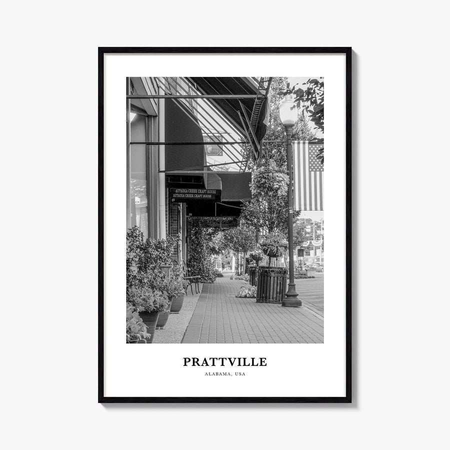 Prattville black & white classic poster of Alabama, USA – vertical wall art, unframed print shown in interior mockup