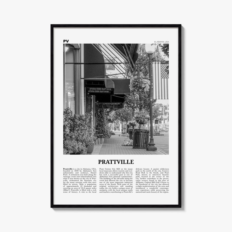 Prattville black & white newspaper poster of Alabama, USA – vertical wall art, unframed print shown in interior mockup