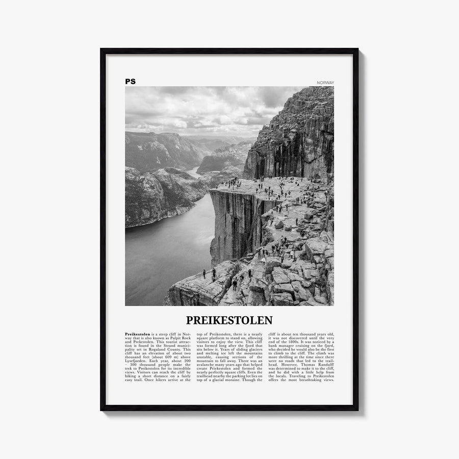 Preikestolen black & white newspaper poster of Norway – vertical wall art, unframed print shown in interior mockup