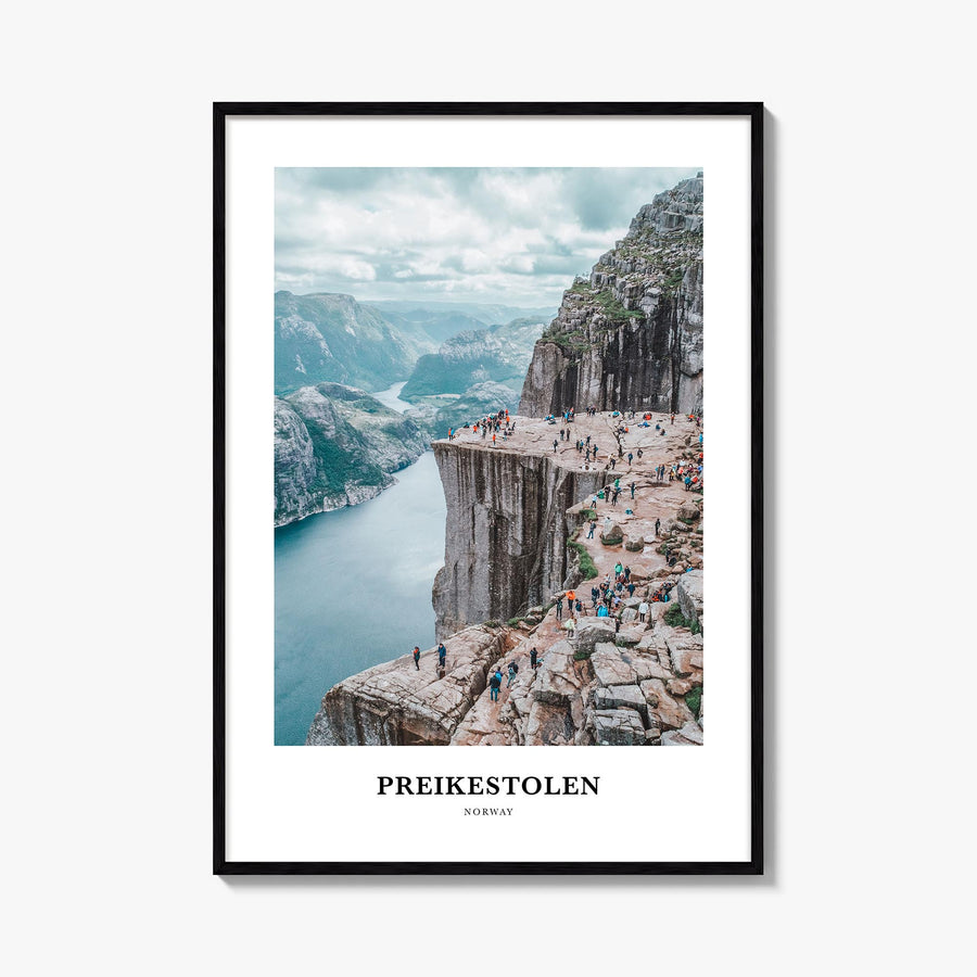 Preikestolen colorful classic poster of Norway – vertical wall art, unframed print shown in interior mockup