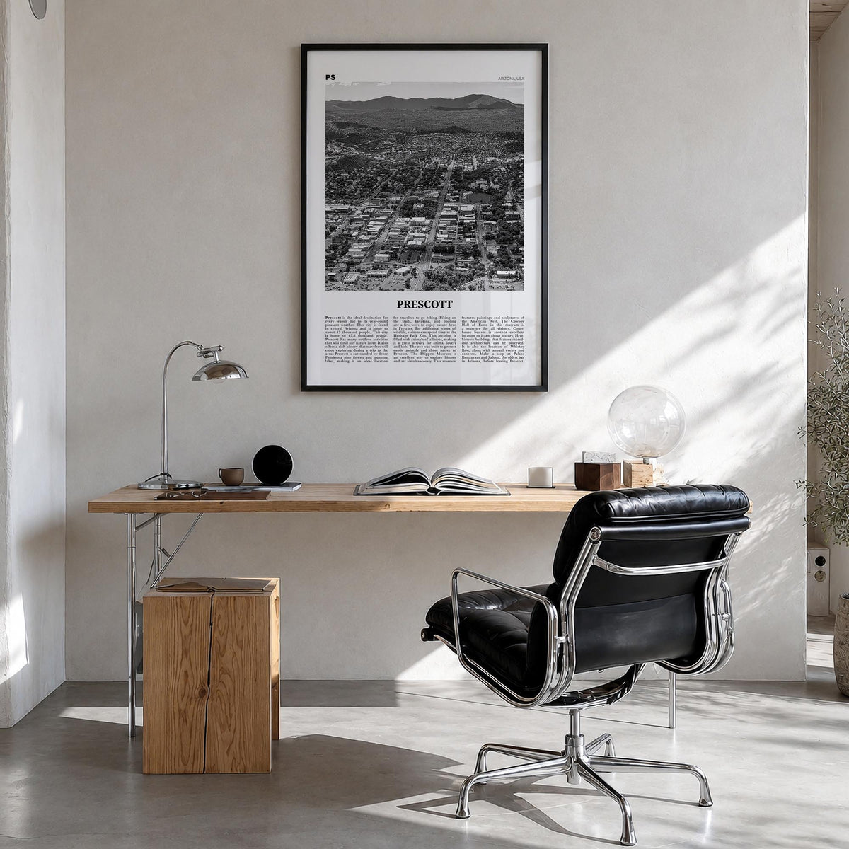 Prescott black & white newspaper poster of Arizona, USA – vertical wall art in black wood frame, hanging on wall