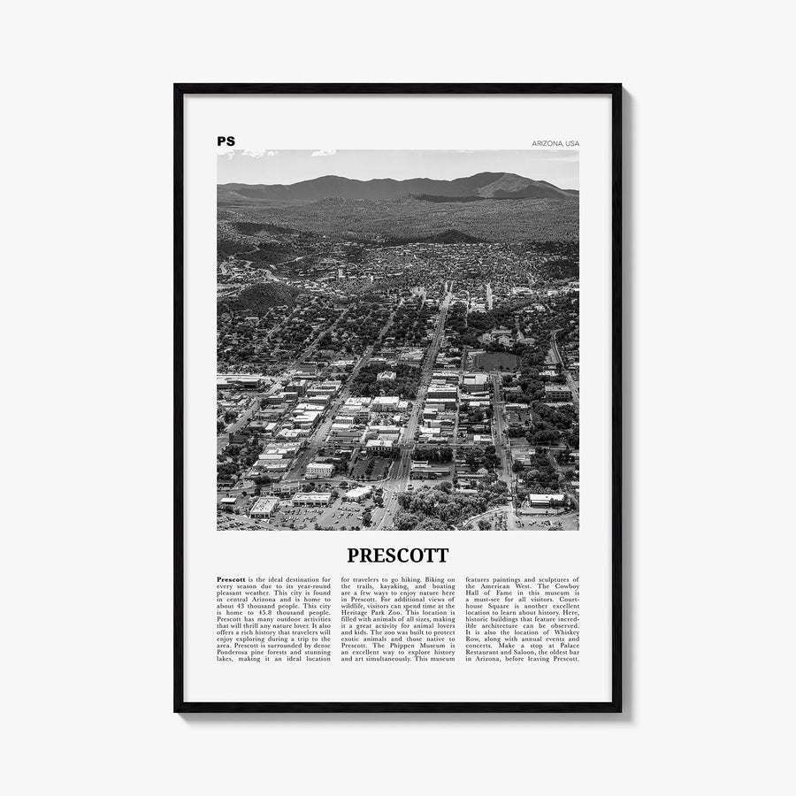 Prescott black & white newspaper poster of Arizona, USA – vertical wall art, unframed print shown in interior mockup
