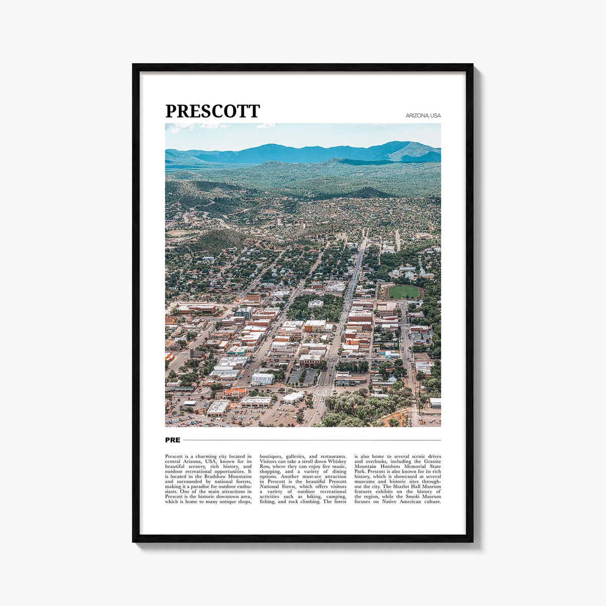 Prescott colorful travel poster of Arizona, USA – vertical wall art, unframed print shown in interior mockup