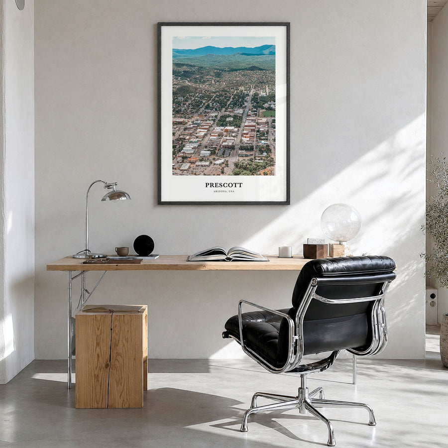 Prescott Classic Poster in a black wood frame, hanging in a bright home office