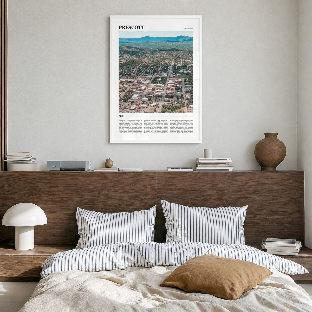 Prescott Travel Poster in a white wood frame, hanging in a bedroom