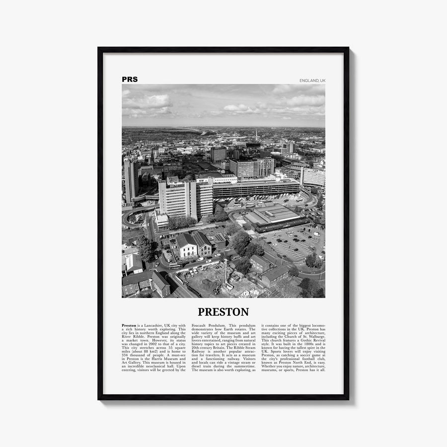 Preston no. 1 black & white newspaper poster of United Kingdom – vertical wall art, unframed print shown in interior mockup